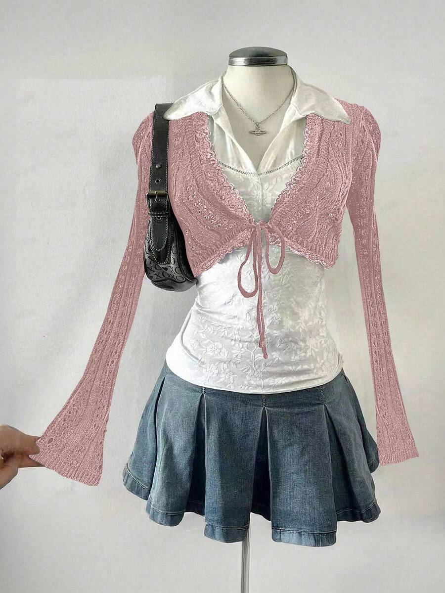 Celisse Women's Casual Solid Color Bell Sleeve Cropped Thin Cardigan - Pink - View 1