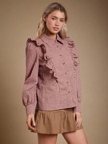 WESTFADE 前襟纽扣荷叶边长袖棉混纺格子衬衫，可爱秋季上衣，休闲牛仔女装，秋季，秋季，波西米亚风，冬季，乡村音乐会，西部女装 - 彩色 - 查看 4