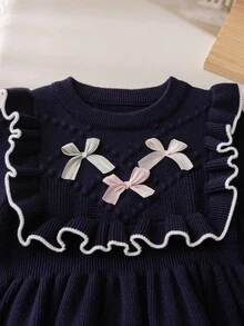 Souflis Souflis 4-7岁女童优雅公主风海军蓝针织连衣裙，饰有精致蝴蝶结和荷叶边下摆，适合生日派对、幼儿园活动或春秋季日常外出 - 寶藍色 - 查看 8