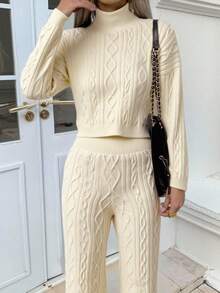 DAZY Women's Casual Everyday Commute Simple Solid Color Turtleneck Cable Knit Sweater And Straight Leg Knit Pants 2 Pieces Set, Autumn/Winter