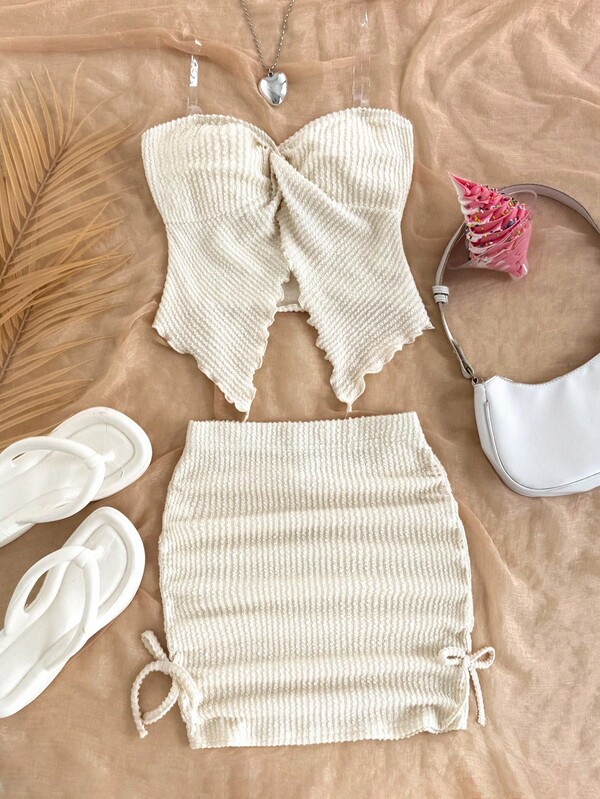 SHEIN Teen Girl Casual Minimalist Comfortable Asymmetric Hem Tube Top And Side Drawstring Skirt Set