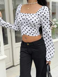 SHEIN Frenchy Blouse de mode à manches longues, col carré, imprimé à pois, plissée pour femmes - Nude - Voir 8