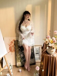 CovetEZ Váy ren trắng tay dài thường ngày cỡ lớn cho nữ, thắt eo - trắng - Xem 3