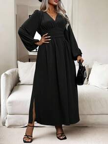 Vionelle 大码女式褶皱高侧开衩连衣裙 女式长款秋季服装