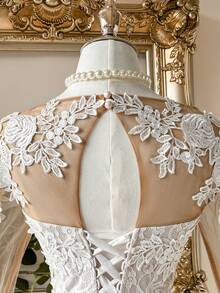 Lovelzi Elegant Luxurious Beige Sheer Long Sleeve Handmade Applique Sexy Open Back Lace Embroidery Patchwork Pleated A-Line Princess Dress With Adjustable Tie Back, Bridal Gift Occasion Gown