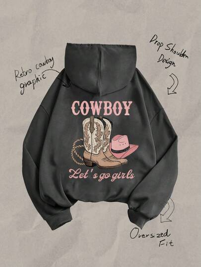 Tseoso Casual Minimalist Pattern Loose Fit Sweatshirt For Women, Retro Western Cowboy Boots Pattern, Back To School, Autumn/Winter, Fall, Vintage, Soft Girl, Country, Streetwear, Gift For Mom