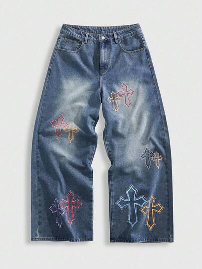 Street Life Jeans de moda callejera para hombres con adornos de cristal en forma de cruz