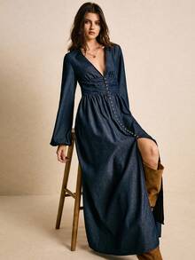 Poéselle Vestido jeans longo extra longo com manga lanterna retrô feminino, vestido ocidental, vestido longo de manga comprida para mulheres, vestido longo jeans para mulheres, vestido jeans de manga comprida para mulheres, vestido longo casual para mulheres - Lavagem escura - Ver 7