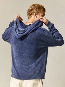 ROMWE MEN Casual 男士纯色连帽口袋休闲套头长袖水洗毛衣，秋冬款 - 藍色 - 查看 3