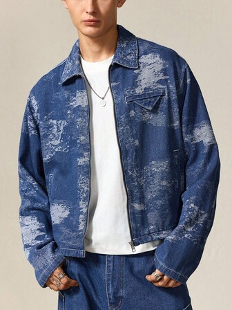 Street Life Men's Casual Fashion Street Full Print Zip-Up Denim Jacket, Spring/Autumn