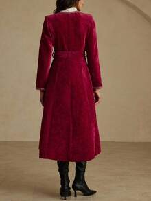 GENKIRA Jaket Wanita Model V-Neck dengan Ikat Pinggang, Jaket Ikat Pinggang Kelas Atas - Merah - View 6