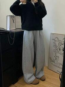 SHEIN 女式花卉印花松紧腰口袋宽松直筒休闲运动裤 - 灰色 - 查看 4