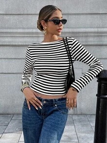 Chiquease Sexy Backless Striped Long Sleeve T-Shirt For Women, With 3D Floral Decor, Slim Fit, Personalized Chic Top, Layering Undershirt Fall Cloth For Women - Black - View 3