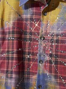 NEON BLANC Men's Y2K Casual Fashion Street Rhinestone Tie-Dye Plaid Print Short Sleeve Denim Shirt, Summer - Red - View 6