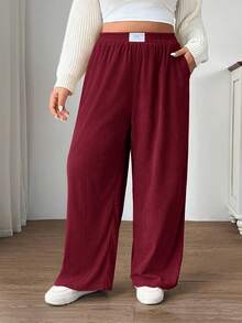 SHEIN EZwear Quần ống rộng lưng cao dáng rộng cỡ lớn dành cho nữ, vải nhung kẻ màu đỏ hồng có túi và thiết kế miếng vá, phù hợp mặc ở trường học, mặc hàng ngày và làm việc trong nhà, mùa thu/đông - Màu Hoa hồng đỏ - Xem 3