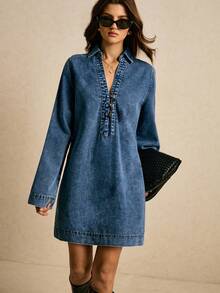 Poéselle 新款女士牛仔连衣裙宽松长袖翻领套头连衣裙秋冬连衣裙女秋季服装冬装女士冬季连衣裙圣诞连衣裙沙特国庆节连衣裙新年服装派对礼服毕业礼服女士正式礼服深蓝色牛仔连衣裙