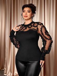 Elenzga Christmas Embrace Your Inner Shadow | Dark Feminine Fashion (Wednesday Aesthetic) Plus Size Fashionable Stand Collar Long Sleeve Elastic Knit Mesh Patchwork Luxurious Elegant Sexy Party Blouse, Slimming - Black - View 5