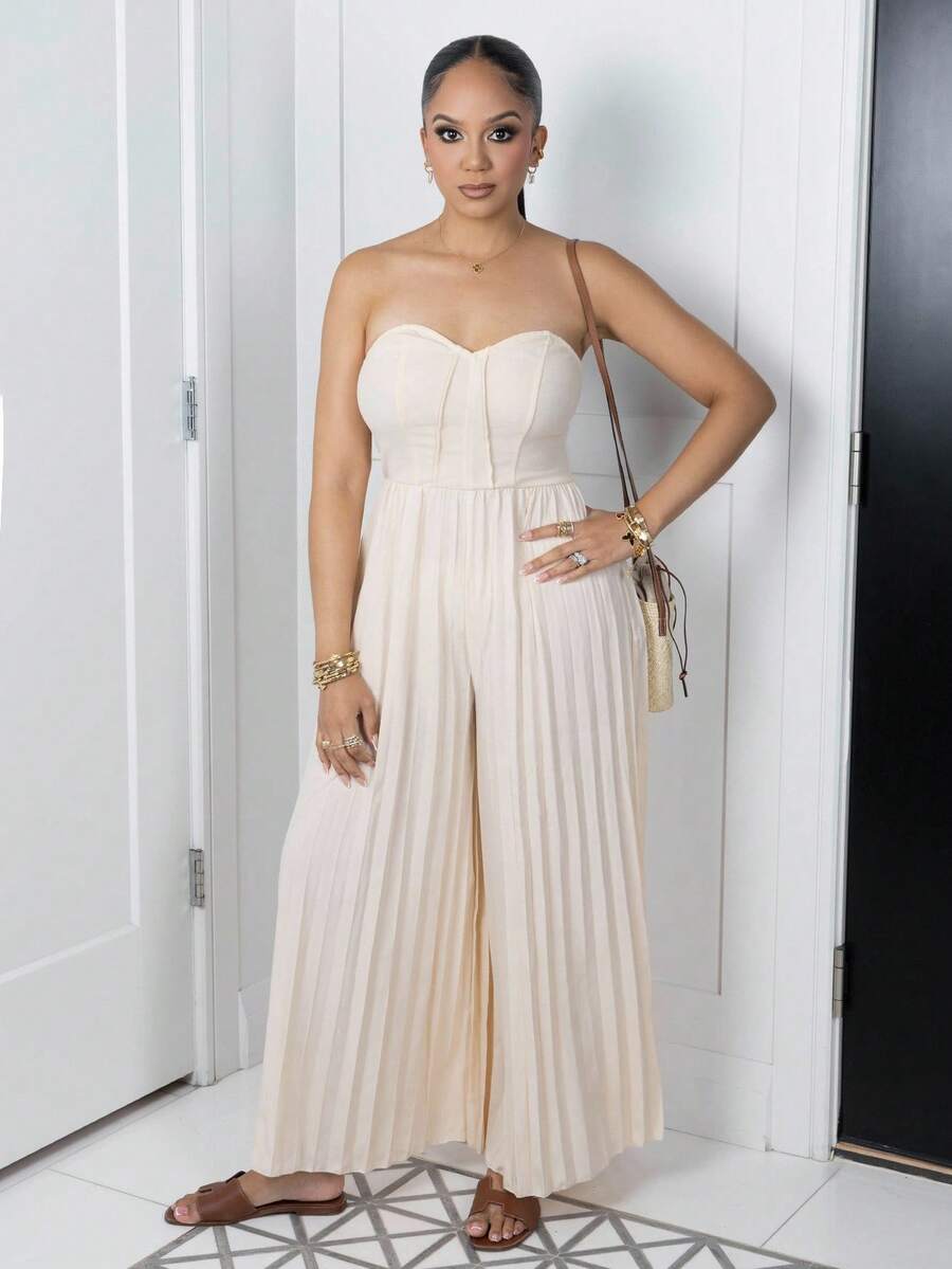 Melissa Matos Women Casual Romantic Draped Waist Bandeau Jumpsuit - Apricot - View 1