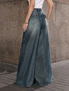 Selenza Quần Jeans Ống Rộng Cỡ Lớn Thêu Chữ Tiếng Anh Cho Nữ - Màu xanh bụi bặm - Xem 3