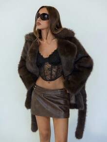 SHEIN ICON 女式纯色翻领长袖宽松时尚仿皮草夹克，冬季 - 摩卡棕 - 查看 4