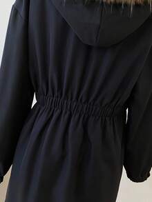 Sweetra Young Teen Girl Casual Fashionable Hooded Jacket With Pockets, Long Sleeve, Adjustable Waist, Suitable For Autumn/Winter Outings, Travel, Shopping, Commuting, Can Be Paired With Jeans, Sweatpants, Hoodies - Black - View 3