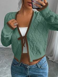Selianne French Casual Versatile Diamond Textured Long Sleeve Pullover Knit - Green - View 6