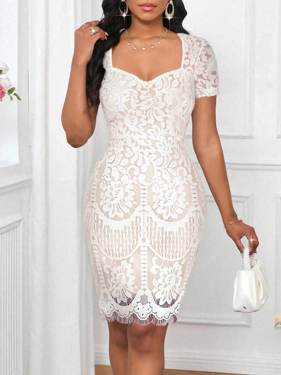 SHEIN Lady 女式花朵蕾丝甜心领短袖修身优雅迷你连衣裙 - 白色 - 查看 1