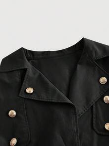SHEIN MOD 女士短款休闲宽松外套，配腰带，秋季外套，秋装，适合度假、返校季、秋冬穿着，舒适百搭。 - 黑色 - 查看 3