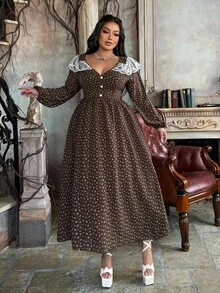 Lyrianda Ditsy Floral Princess Style Minimalist Lace Trim Dress, Long Sleeve