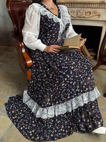 Lyrianda Vintage Romantic Floral Lace Patchwork Elegant Contrast Color Dress