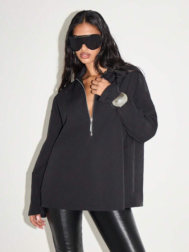KIZN High Neck Quarter Zip Collared Blouse With Long Sleeves