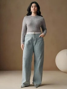 Anewsta Camiseta de manga larga ajustada con perlas elegantes, talla grande, otoño - Gris - Ver 5