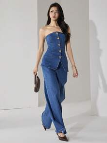 Heiryn 女士牛仔两件套服装 - 中等水洗藍 - 查看 4