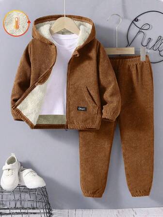 SHEIN 2pcs/Set Young BoyCasual Solid Color Hooded Jacket & Thermal Lined Pants Winter Outfit