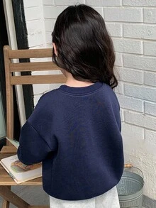 DAZY Young Girls Knitted Thermal Lined Crew Neck Printed Long Sleeve Sweatshirt, Fall - Navy Blue - View 4