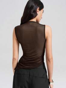 Ontre Women's Asymmetric Asymmetrical Hem Oblique Collar Sleeveless T-Shirt, Urban Commute Business Casual Wear, Office Outfit, Teacher Outfit, Basic Top, Outerwear, Brown