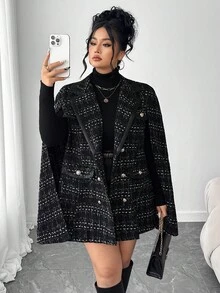 Elenzga 大码女式优雅披肩领长袖PU装饰外套，秋冬 - 黑色 - 查看 1