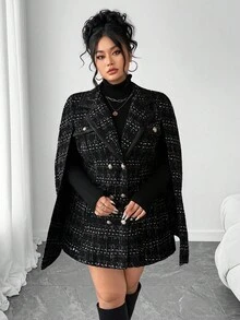 Elenzga 大码女式优雅披肩领长袖PU装饰外套，秋冬 - 黑色 - 查看 6