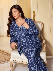 LuxeNights 加大码花卉印花翻领开衫和裤子睡衣套装，秋季服装，舒适服装 - 彩色 - 查看 1