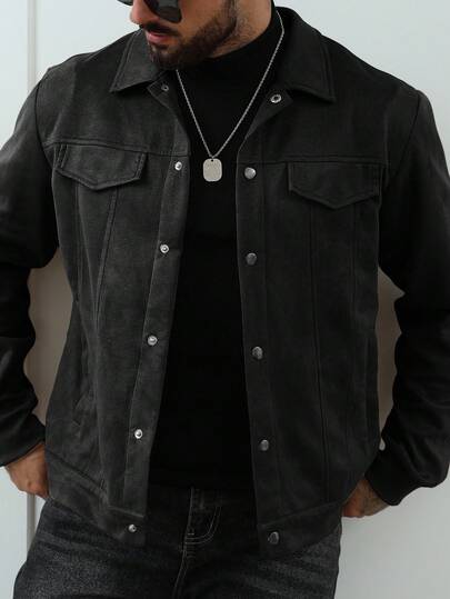 Manfinity Homme Men's Fashionable Versatile Suede Fleece Jacket, Autumn Men Black Jacket