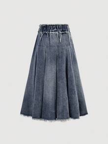 Girlism 少女时尚休闲 Y2K 复古酷炫街头风回归校园学院怀旧复古水洗流苏蓝色牛仔百褶中长裙柔软日常穿着秋冬秋季锐舞节和街头服饰 - 藍色 - 查看 3