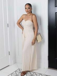 Melissa Matos Women Casual Romantic Draped Waist Bandeau Jumpsuit - Apricot - View 6