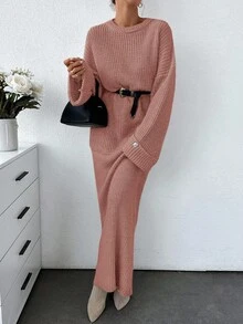 EURMUSE 女士纯色厚实毛衣和毛衣裙套装 - 藕粉色 - 查看 7