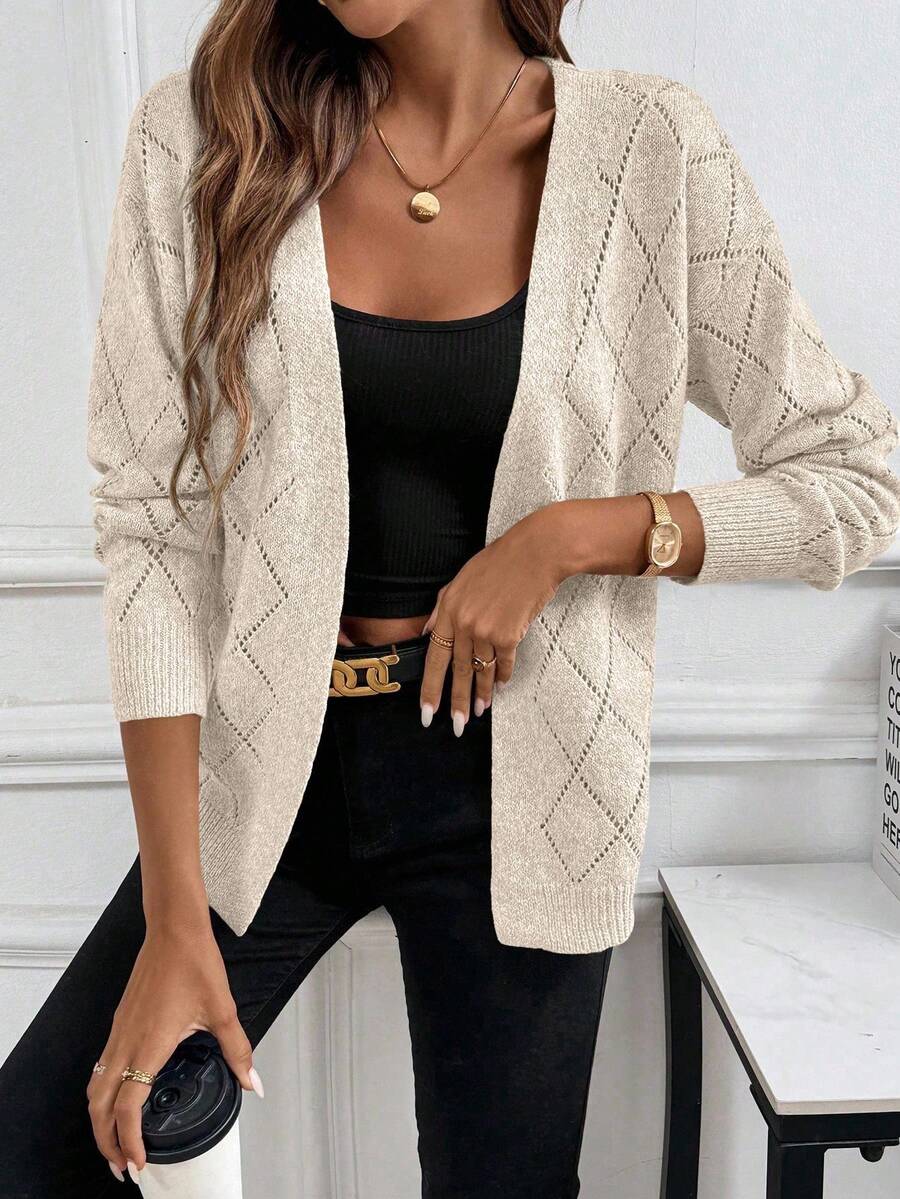 EMERY ROSE Casual Comfortable Hollow Diamond Pattern Cardigan For Women - 杏色 - 查看 1