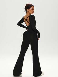 Dewbera Women's Autumn/Winter Jumpsuit, Black Tight-Fitting U-Neck Long Sleeve, Cross Back Strap, Fitted Front Panel, Flared Leg Hem, Suitable For Casual, Running, Yoga, Gym, Tennis And Other Activities Halloween Winter Glowmode Sexy Chillnights - Black - View 6