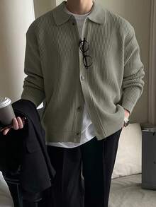 DAZY Men's Solid Light Green Casual Cardigan, Suitable For Commuting, Autumn