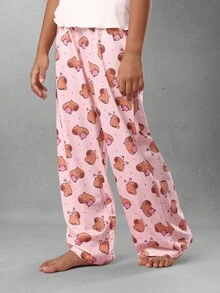 Bộ đồ ngủ hai mảnh hình gấu dễ thương SUMWON với thiết kế trà sữa trân châu Kawaii, áo thun gân và quần dài in họa tiết toàn thân, thích hợp cho bé gái mặc trong kỳ nghỉ đông, đi chơi hoặc du lịch. - Nhiều màu - Xem 4