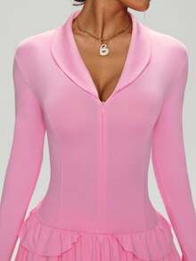 Dewbera Dewbera Women's Zipper Design Long Sleeve Cake Hem Sports Dress - Pink - View 6
