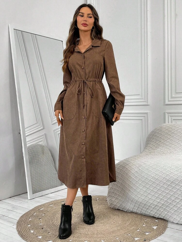 Women's Solid Color Long Sleeve Single-Breasted Drawstring Waist Casual Shirt Midi Dress