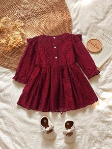 Vintaside Kids Baby Girls' Sweet Mesh Long Sleeve Loose Dress, Suitable For Outings, Parties And Gatherings, Spring/Autumn - Burgundy - View 2